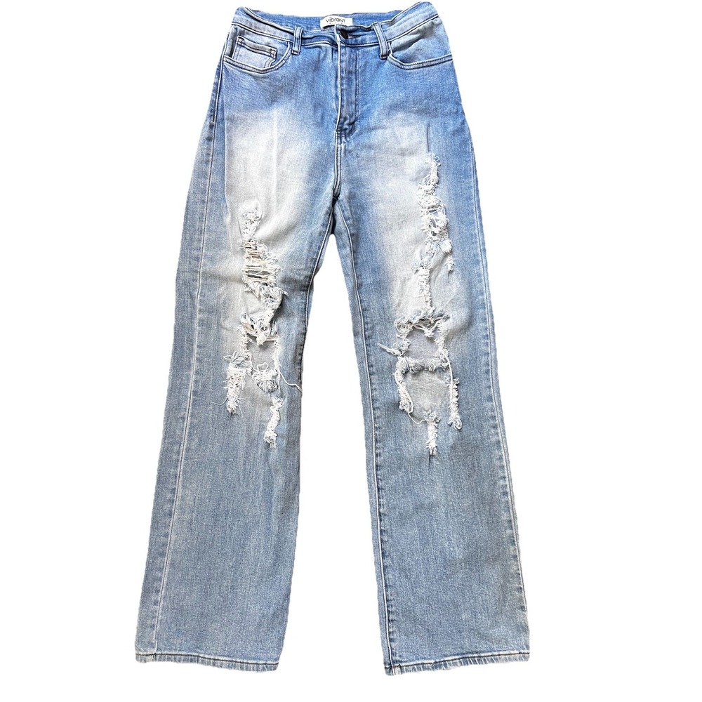 Vibrant MIU Organic Cotton Jeans Womens 9‎ High Rise Wide Leg Distressed EP1977